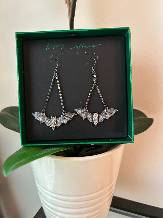 Betsey Johnson Jewelry - Betsey Johnson NIB Bedazzled Silver Bat Dangling Earrings